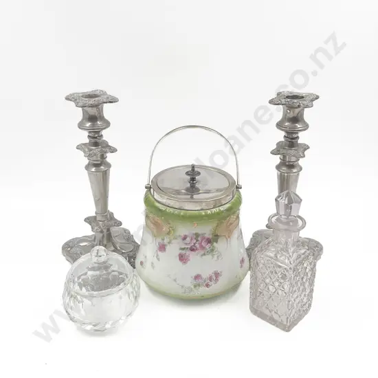 Pair of Plated Candlesticks Together with Biscuit Barrel etc
