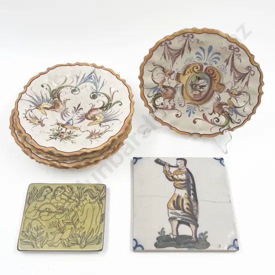 Two Vintage Tiles Together with Hand Painted Side Plates