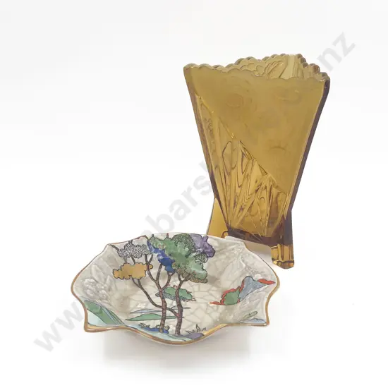 Amber Glass Triangular Vase with James Kent "Crydonia" Dish