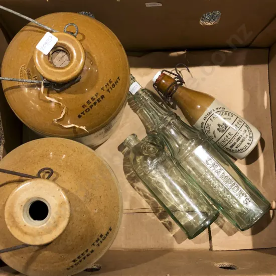 Box Including Two Large Stoneware Bottles and Other Assorted Bottles