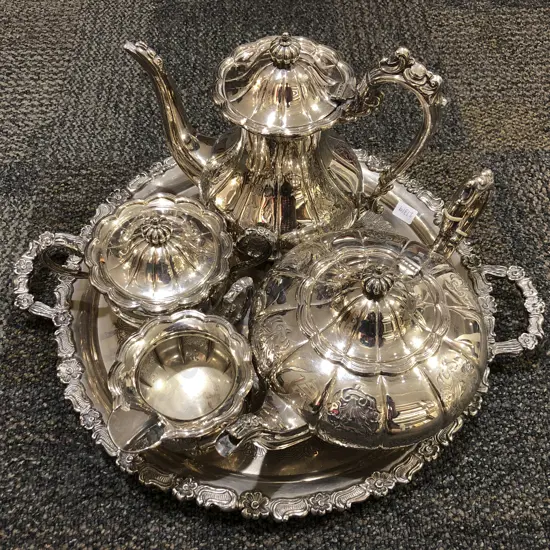 S/P Four Piece Tea Set on Circular Double Handled Tray