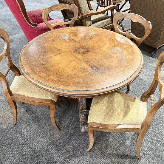 Antique Circular Table and Four Balloon Back Chairs with Borer