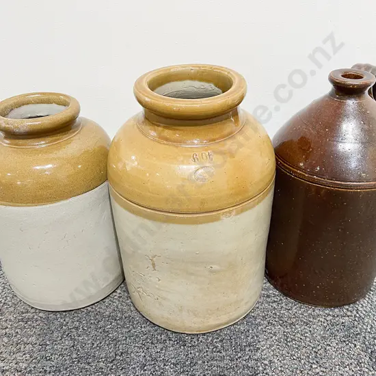 Two Stoneware Crocks with Stoneware Bottle