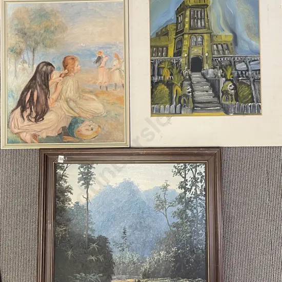 Indistinctly Signed Oil on Board Together with Print and Other