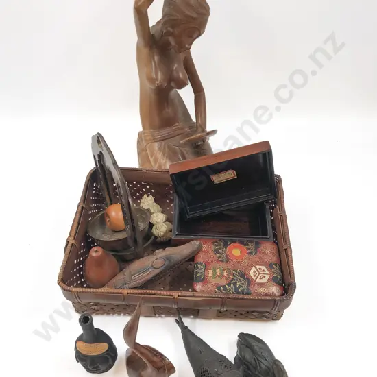 Collection of Boxes and Ornaments and Teak Figure