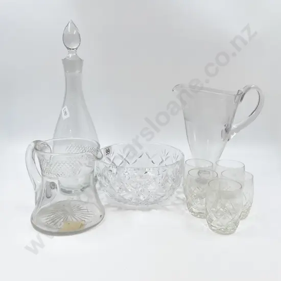 Two Glass Water Jugs with Decanter and Crystal Bowl with Glasses