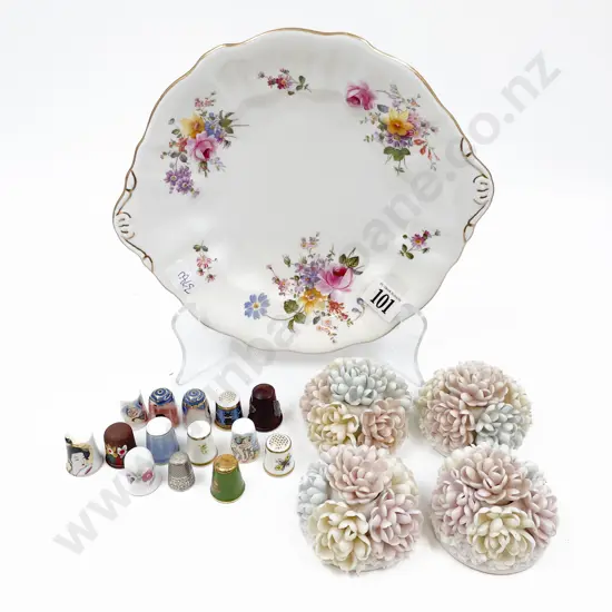 Collectors Thimbles and Four Floral Candle Sticks With Stoppers on RCD Plate
