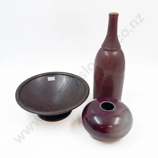 NZ Pottery Dish with Vase and Bottle Vase