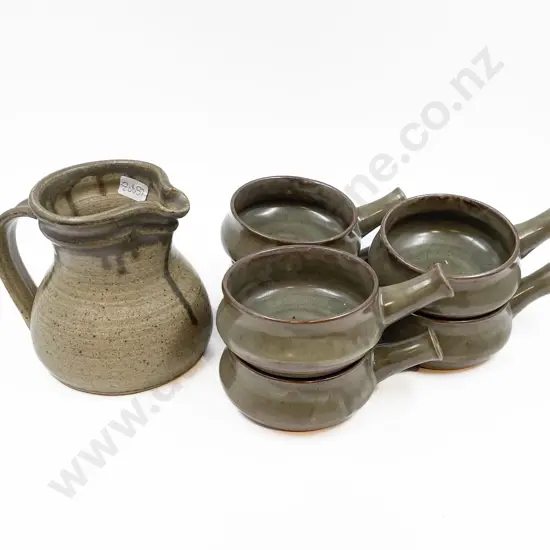 NZ Pottery Jug and Six Soup Bowls