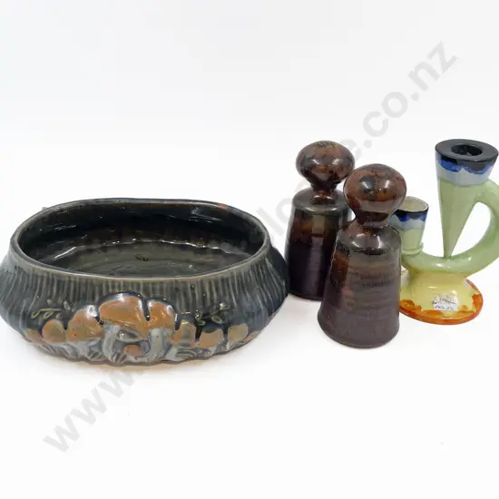NZ Pottery Table Bowl with Pair of Condiments and English Empireware Candlestick