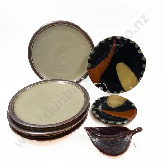 Five NZ Pottery Dinner Plates with Fullmar Plates and Leaf Dish