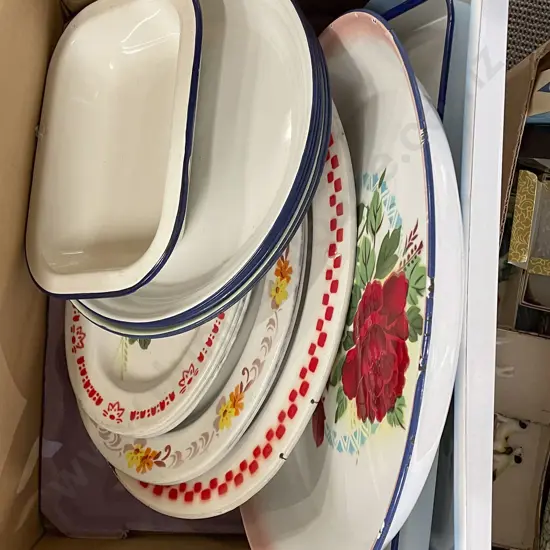 Box of Assorted Enamel Trays etc