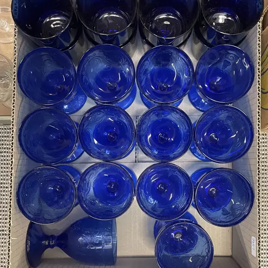 Box of Assorted Blue Glass Ware including Eight French Reims Tumblers