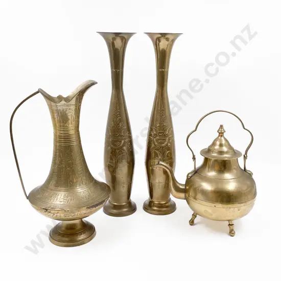 Pair of Brass Vases together with Kettle and Jug