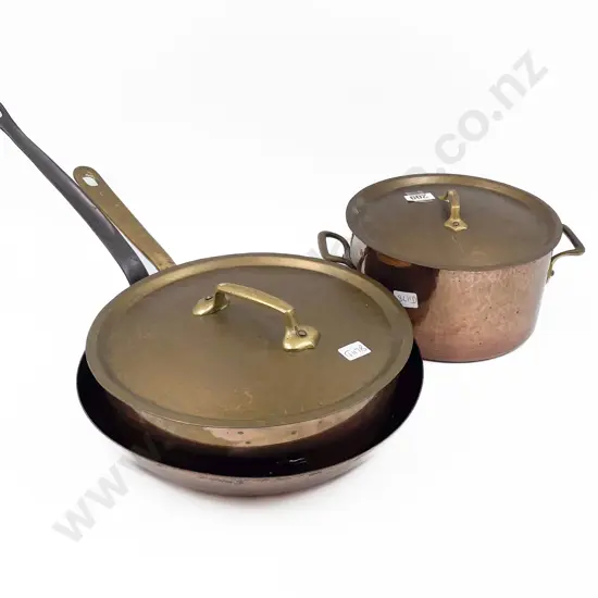 Two Lidded Copper Cooking Pots and Pan