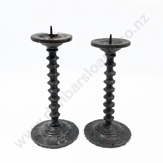 Pair of Heavy Hand Worked Iron Candlesticks