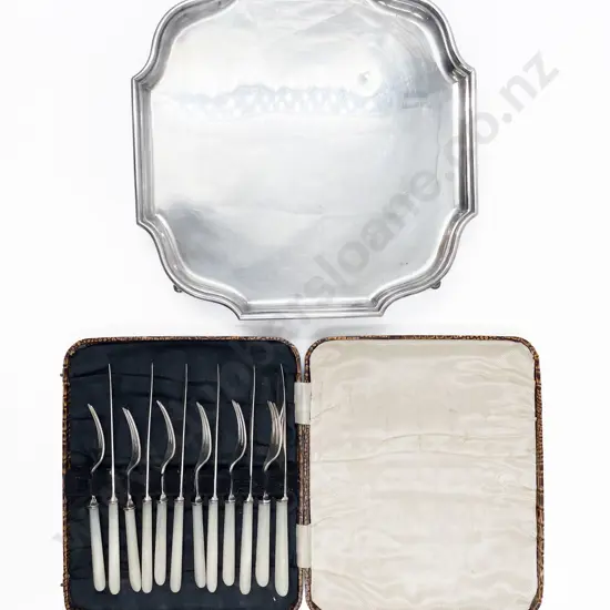 Silver Plate Salver with MOP Handled Cased Fruit Knives and Forks