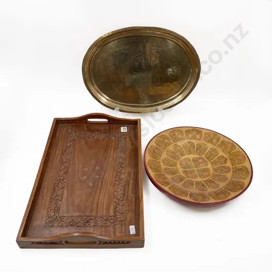 Finely Engraved Indian Brass Tray with Teak Tray and Lacquered Tray