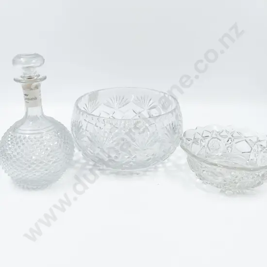 Two Crystal Bowls with Three Decanters and Two Sundae Dishes