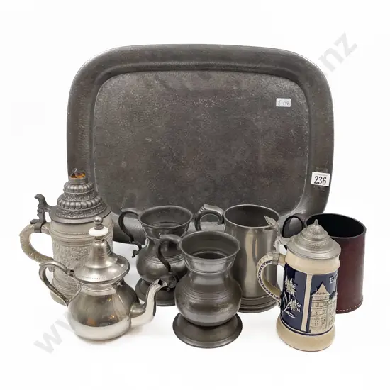 1930's Hammered Finished Pewter Tray with Mugs and Steins