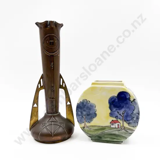Blue Firs Vase (copy of Clarice Cliff) together with Copper Vase