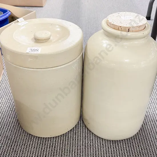 Lidded Stoneware Jar and Stoneware Crock with Cork Stopper