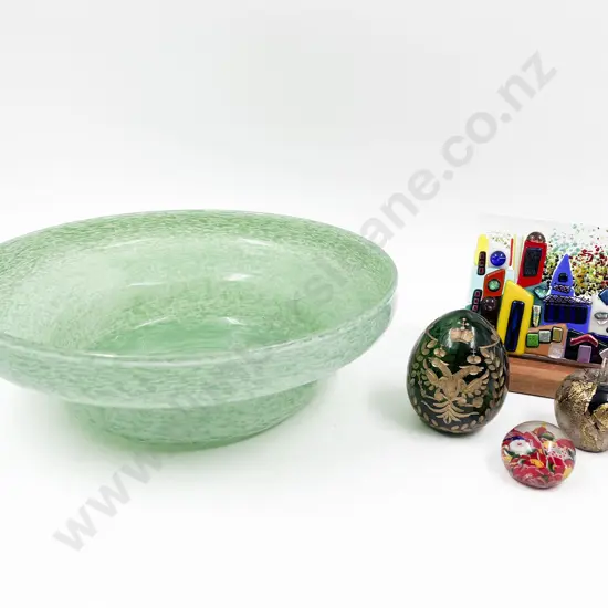 Vasart? Green Glass Bowl with Small Quantity of Assorted Art Glass Ornaments