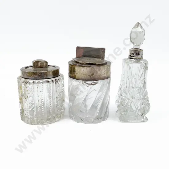 Two S/S Vanity Jars with S/S Rimmed Scent Bottle