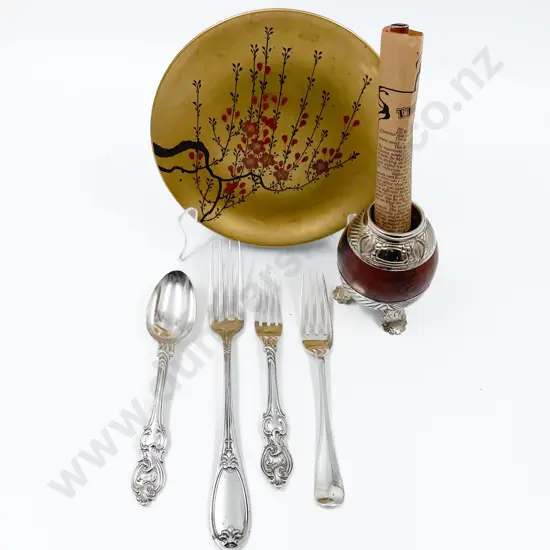 Four Pieces of S/S Cutlery on Small Lacquered Plate etc