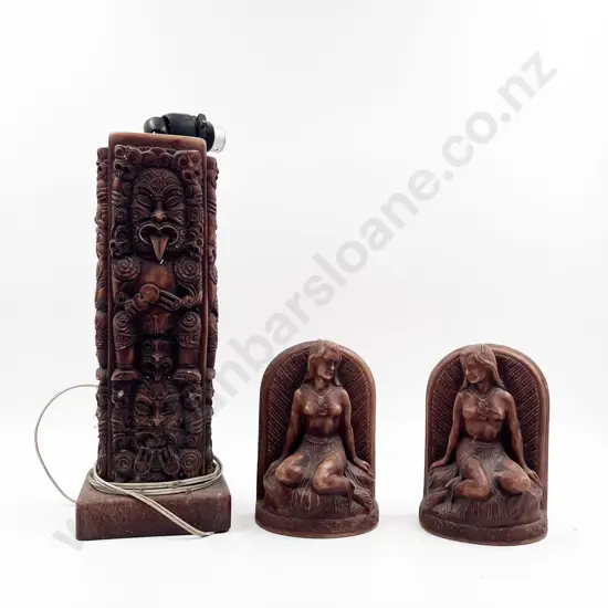 Carved Resin Table Lamp and Pair of Book Ends