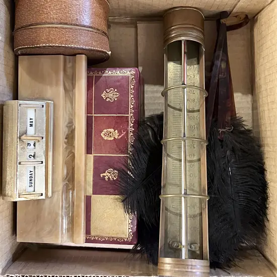 Feather Fan with Vintage Copper Thermometer etc