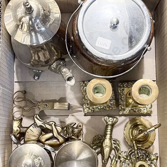 Quantity of Assorted Brass Ware together with Oak Biscuit Barrel etc