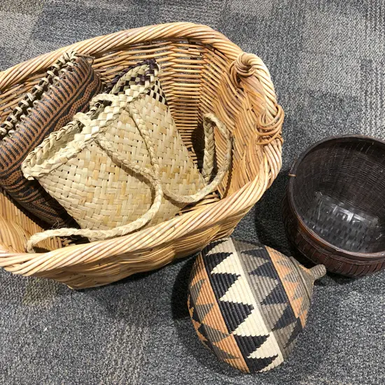 Finely Woven Bags etc in Large Wicker Basket