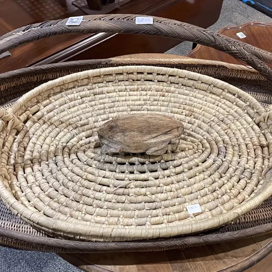 Two Shallow Wicker Baskets and Carved Ornament
