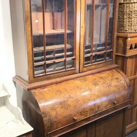 Victorian Walnut Cylinder Top Bureau Bookcase