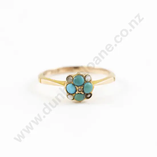 Edwardian 9ct Turquoise and Pearl Cluster Ring