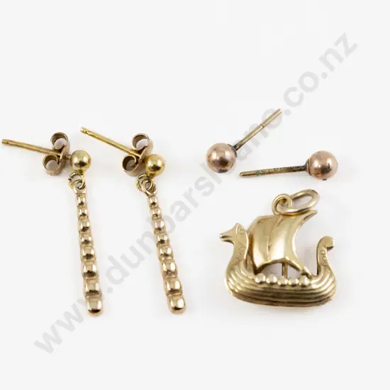 Pair 9ct Fancy Rail Pendant Earrings with 9ct Viking Boat Charm and studs