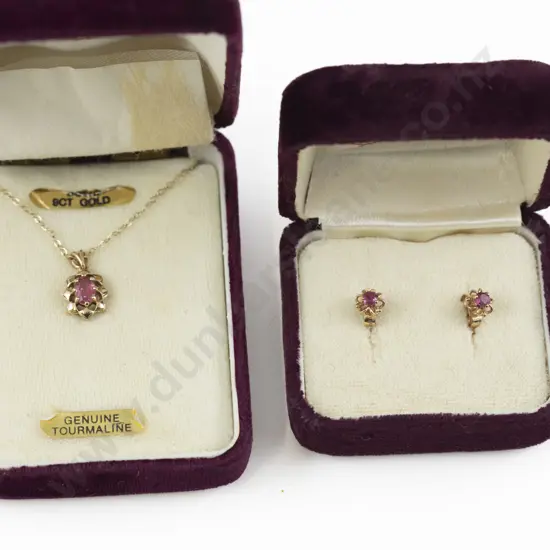 Pair 9ct Ruby Stud Earrings and 9ct Pink Tourmaline Pendant on Chain