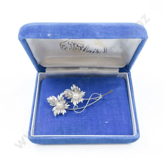 S/S Two Cultured Pearl Double Stem Floret Brooch
