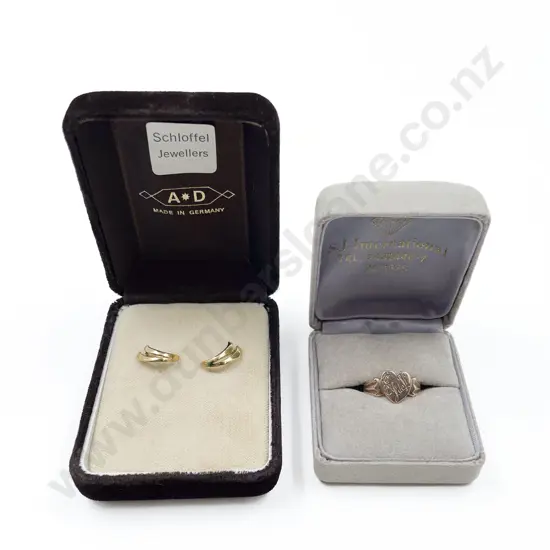 9ct Heart Signet Ring and Pair Gold Plated Double Curve Stud Earrings