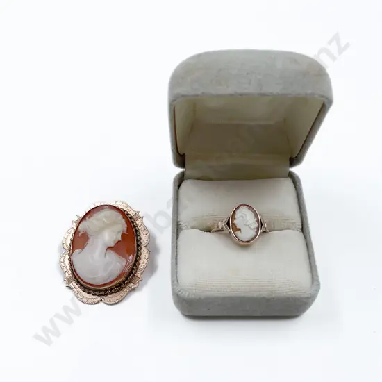 9ct Mounted Portrait Cameo Brooch and Ring