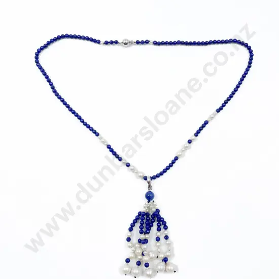 Single Strand Lapis and Cultured Pearl Necklace