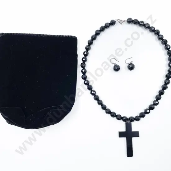Uniform French Jet Facet Bead Necklace with Cross Pendant