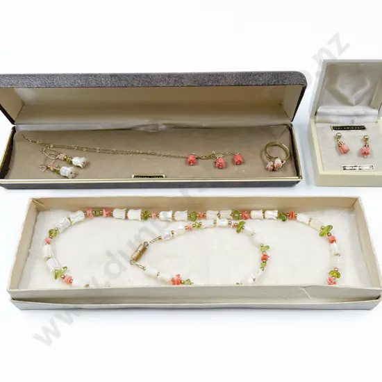 Vintage Hawaiian Coral Necklace Earrings and Ring