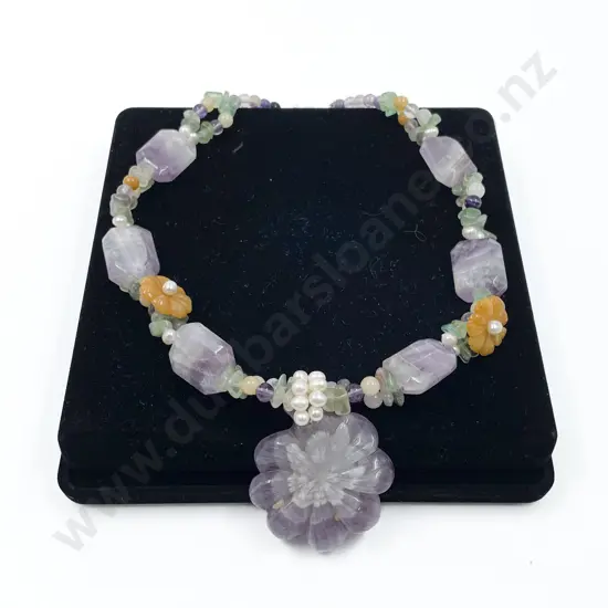 Multi-Gem Stone Floral Pendant Necklace