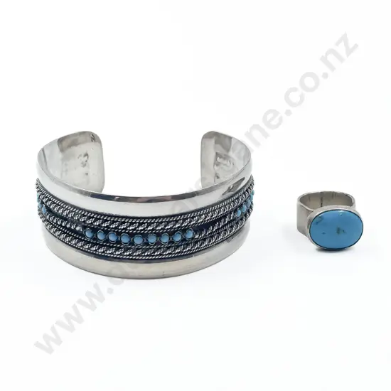 Mexican Silver .935 Fancy Cuff Bangle and Single Turquoise Ring
