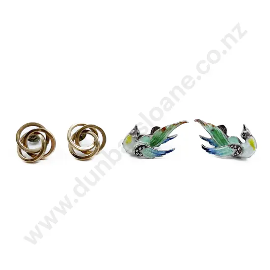 Pair .925 Silver Enamel and Marcasite Bird Clip Earrings