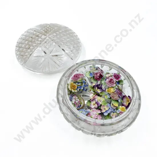Large Crystal Powder Bowl and Collection Staffordshire Flower Brooches
