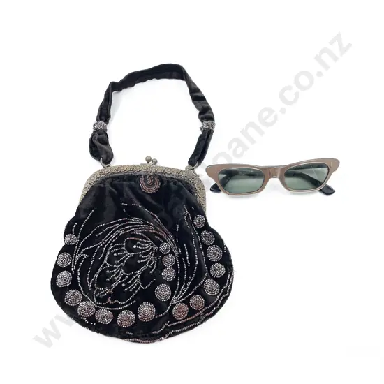 Victorian Black Velvet Steel Bead Embroidered Purse