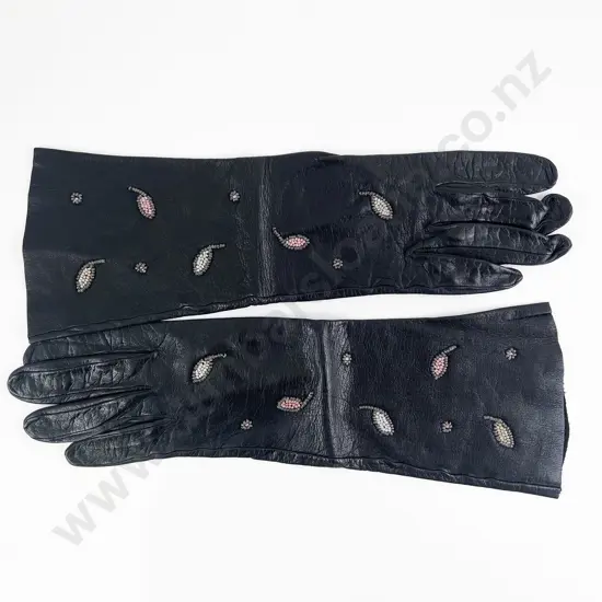 Pair Unlabeled Bead Embroidered Dress Black Leather Gloves S/M